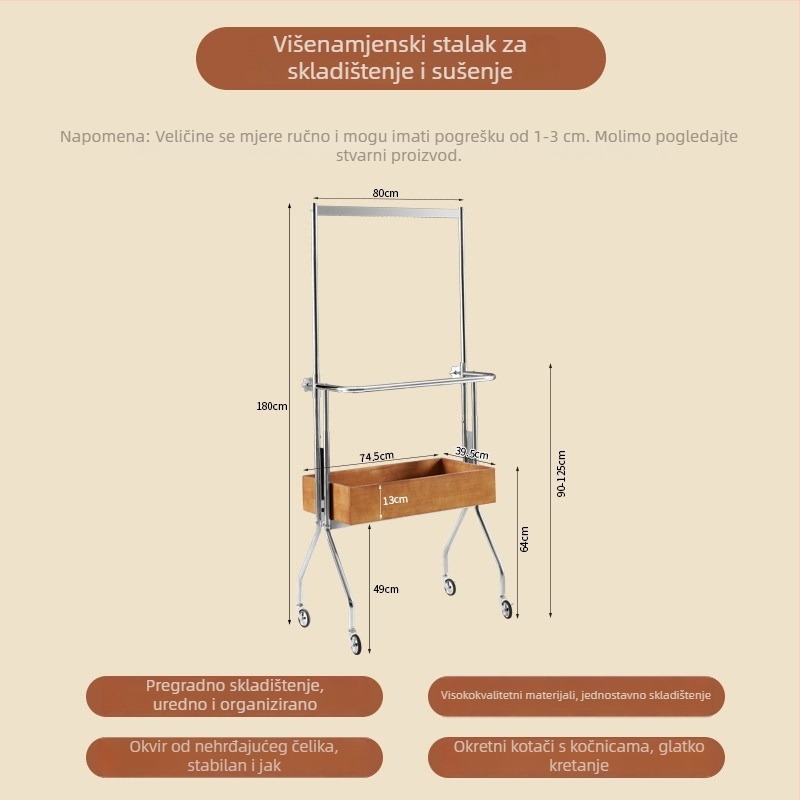 Stalni drveni vješalica za odjeću, moderni minimalistički dizajn, prijenosni ormar za spavaću sobu