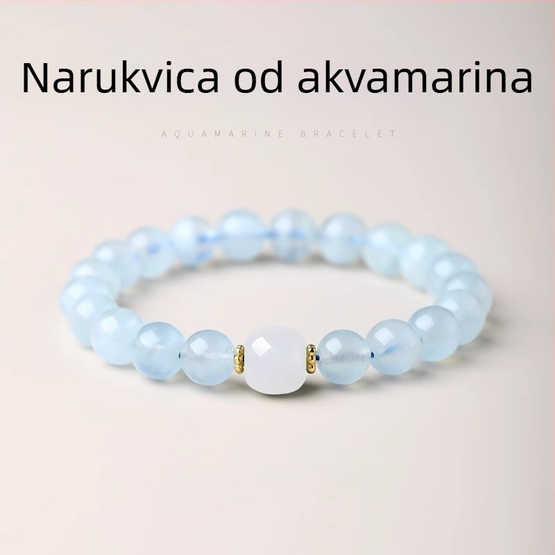 Etno stil minimalistička jednostruka narukvica s akvamarinom i vršnom perlicom od jadeita – unisex