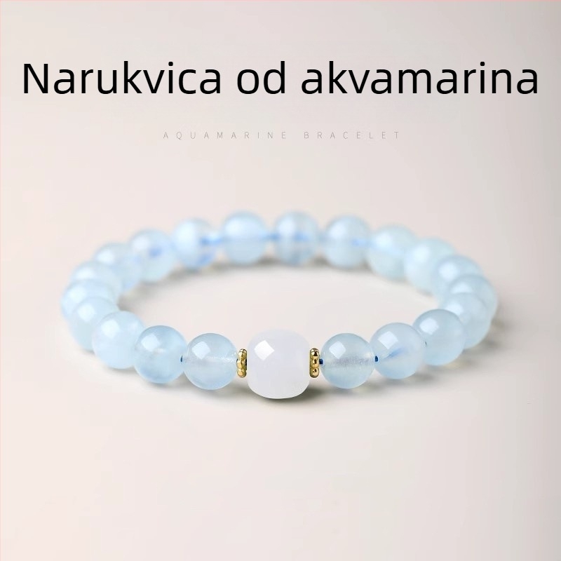 Etno stil minimalistička jednostruka narukvica s akvamarinom i vršnom perlicom od jadeita – unisex