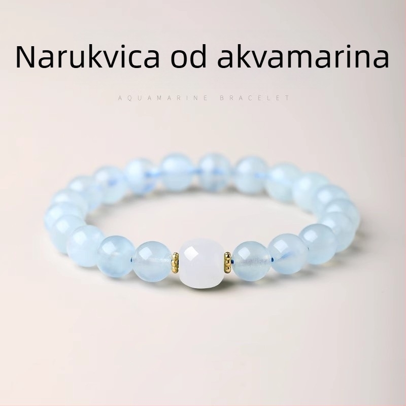 Etno stil minimalistička jednostruka narukvica s akvamarinom i vršnom perlicom od jadeita – unisex