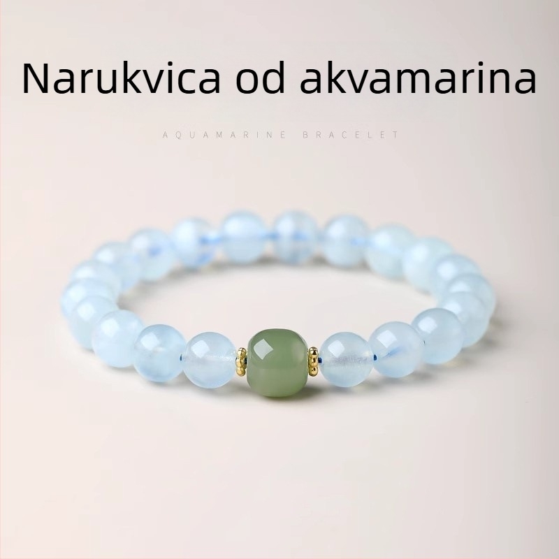 Etno stil minimalistička jednostruka narukvica s akvamarinom i vršnom perlicom od jadeita – unisex