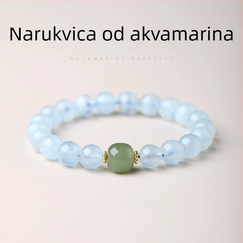 Etno stil minimalistička jednostruka narukvica s akvamarinom i vršnom perlicom od jadeita – unisex