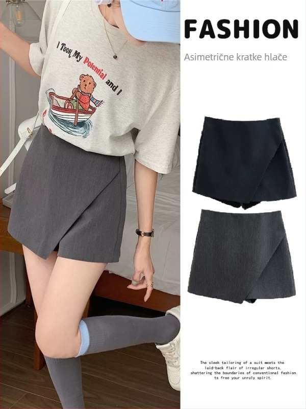 Ženske asimetrične suknje-pantalone, visoki struk, vizualno sužavaju trbuh, proljeće-ljeto, školski stil