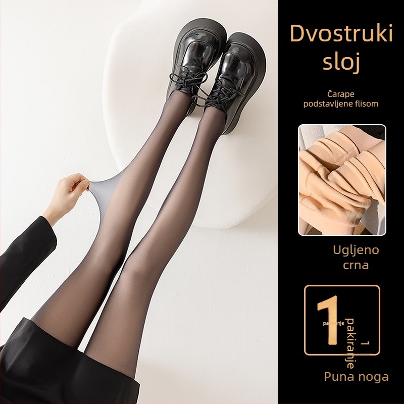 Ženske crne najlonske čarape s točkicama, s fleece podstavom, tople za jesen-zimu, dvostruki sloj, s odvojivim leggingama