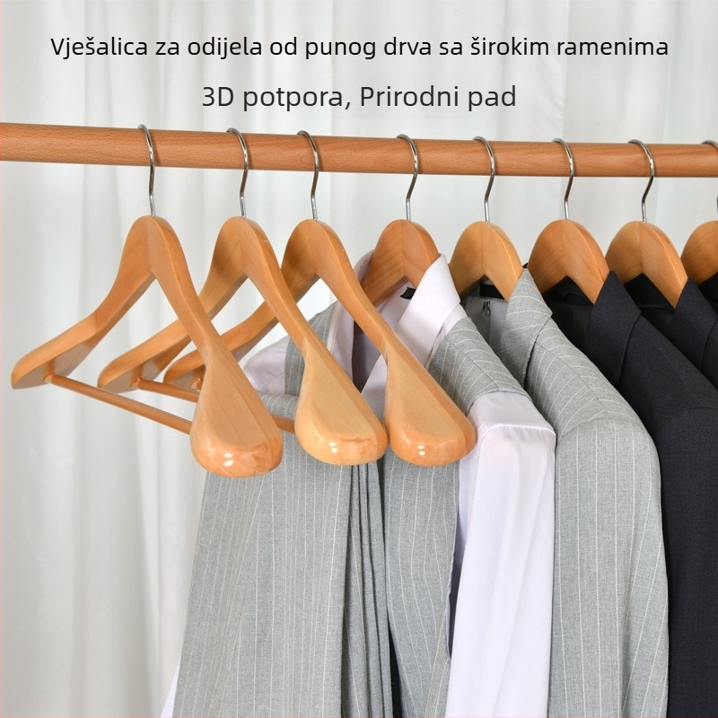 Vješalica za odijela od masivnog drveta s širokim ramenima, protuklizna i bez tragova na odjeći; pogodna za kućnu upotrebu, hotele i trgovine odjećom