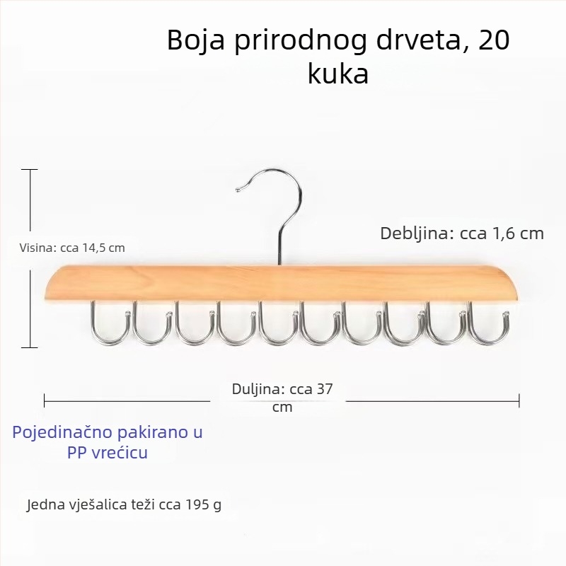 Drvena vješalica s 20 kuka za kaiševe, donje rublje i šalove – organizator garderobe s kukama, moderan minimalistički dizajn