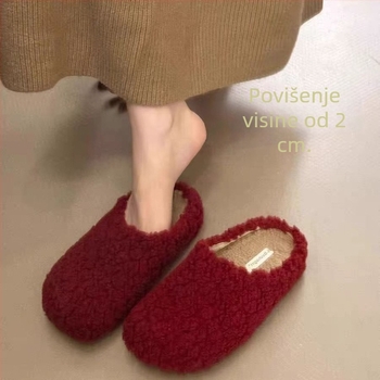 Ženske papuče od janjeće vune s umjetnom dlakom, tople i udobne, zatvoren nos, slip-on, đon 3-5 cm, zima 2025