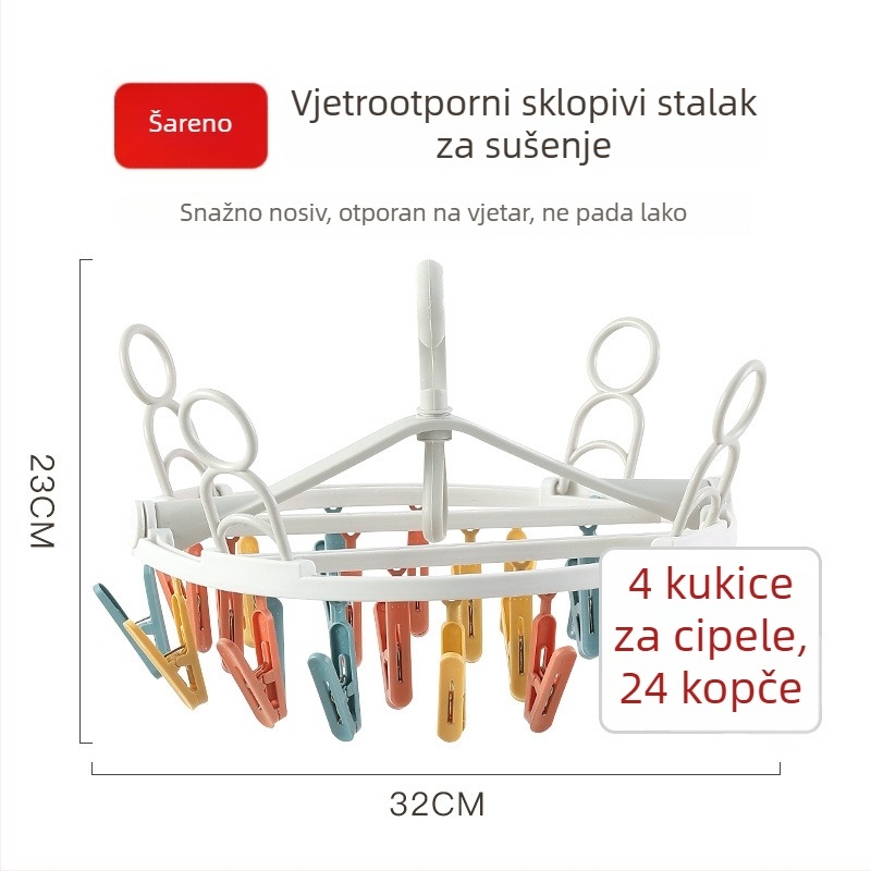Stalak za sušenje rublja s rotirajućom vješalicom, sklopive čarape s 24 klipse, otporan na vjetar