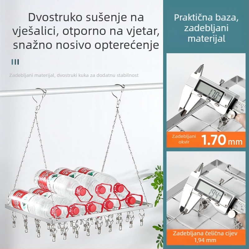 Balkon sušilo od nehrđajućeg čelika s dvostrukim kukama, za vanjsku upotrebu, protuklizno, za dječju odjeću, s višestrukim klipsama i držačem za čarape