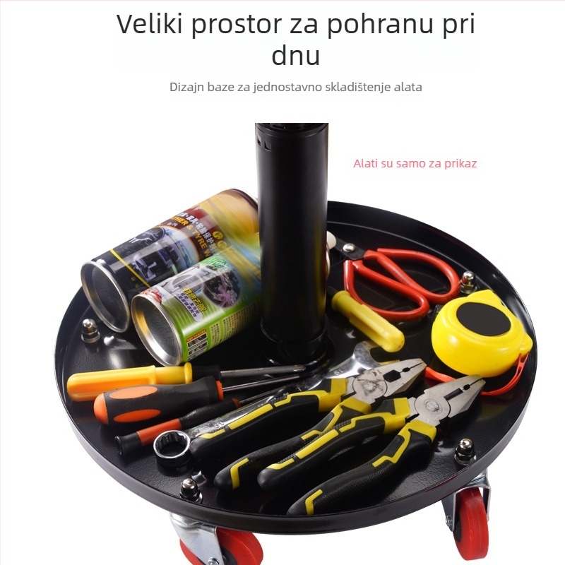 Stol za popravak automobila s podesivom visinom, radna stolica za poliranje, kotači, kružno sjedalo, ploča za odmor i pretinac za alate
