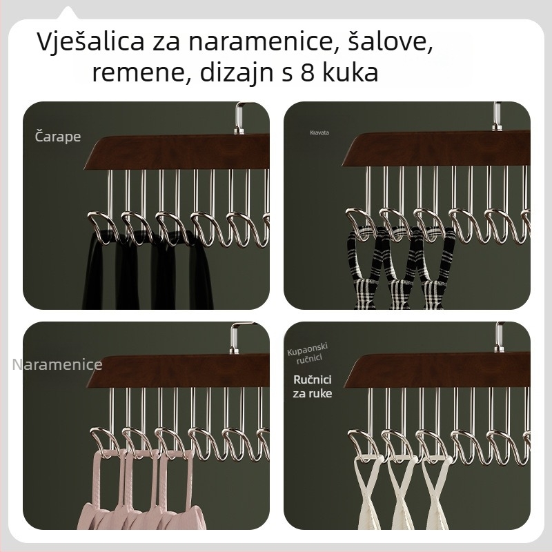 Drvena vješalica za odjeću s 8 kukica, višenamjenska s valovitim dizajnom za kućnu upotrebu