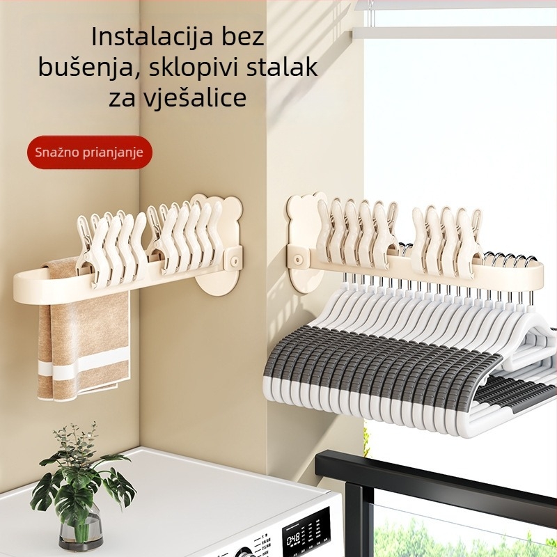 Sklopiva vješalica za odjeću sa zidnim sustavom za pohranu — bez bušenja