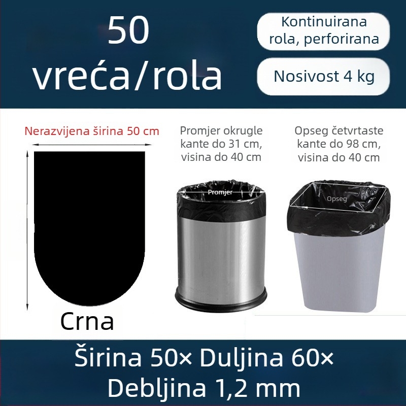 Debljeg vrećice za smeće 50×60, rola s perforacijom, ravni otvor, 50 komada, crne, za hotele i kupaonice