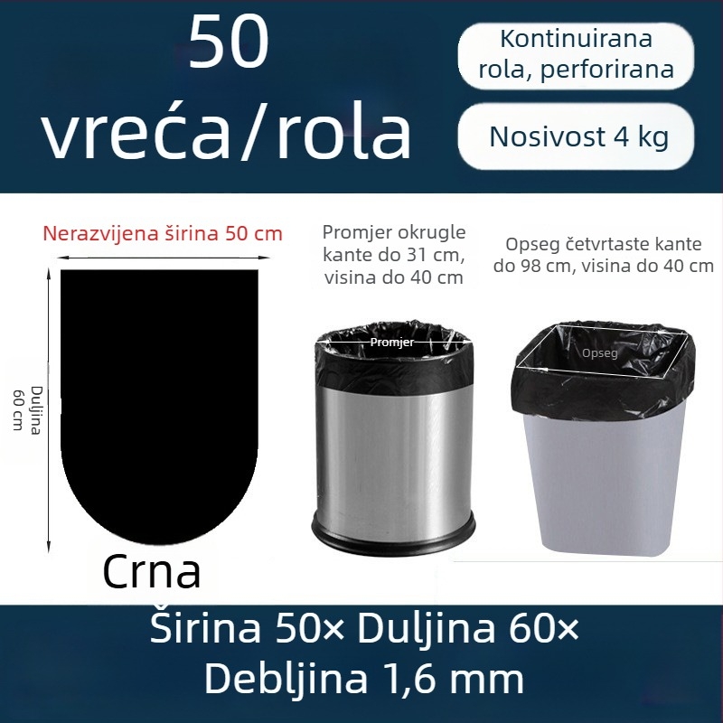 Debljeg vrećice za smeće 50×60, rola s perforacijom, ravni otvor, 50 komada, crne, za hotele i kupaonice