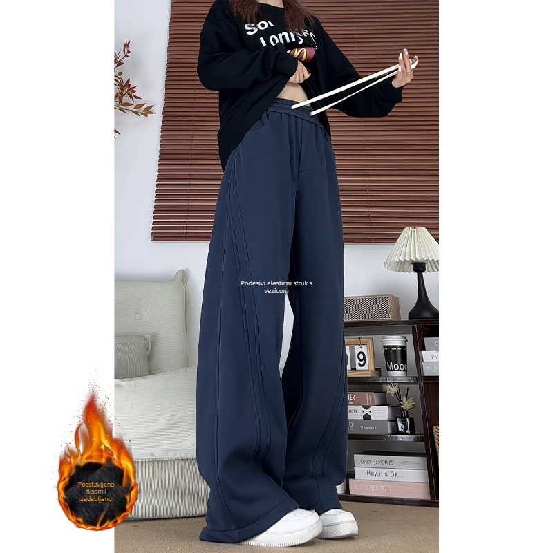 Jesensko–zimske teške fleece hlače za muškarce i žene, unisex, širokih nogavica, u američkom stilu s patchwork dizajnom, opuštenog kroja, plus veličina, ravne nogavice