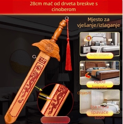 Autentičan privjesak mač iz drveta breskve, ručno izrađeni drveni ukras za dječju sobu i dnevni boravak, prijenosni mač od drveta