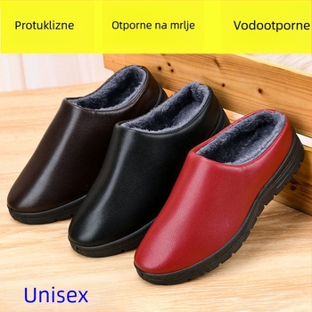 Ženske i muške pliš papuče od pamuka – vodootporna PU koža, zimska toplina, mekana potplata, unutarnje protuklizno i otporno na habanje
