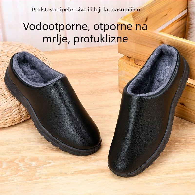 Ženske i muške pliš papuče od pamuka – vodootporna PU koža, zimska toplina, mekana potplata, unutarnje protuklizno i otporno na habanje