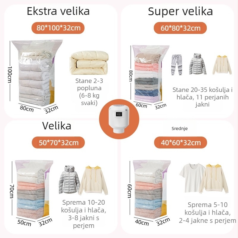 Vakuumska kompresijska vrećica za perjane jakne, odjeću i deke, ekstra velika veličina, s električnom pumpom