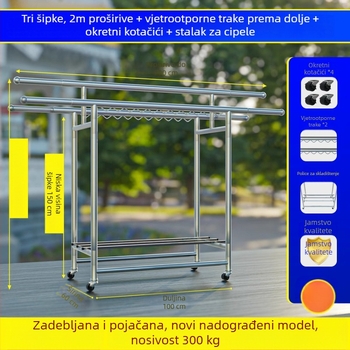 Stojeći stalak za sušenje rublja od 304 nehrđajućeg čelika, podna konstrukcija, sklopiva teleskopna šipka, pogodan za balkon ili unutarnju upotrebu