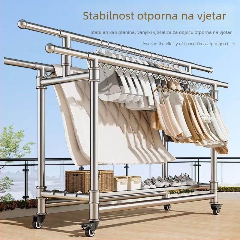 Stojeći stalak za sušenje rublja od 304 nehrđajućeg čelika, podna konstrukcija, sklopiva teleskopna šipka, pogodan za balkon ili unutarnju upotrebu