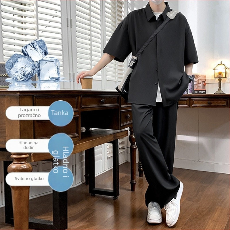 Muški ljetni set košulje i hlača od ice silk, opuštena silueta, casual stil