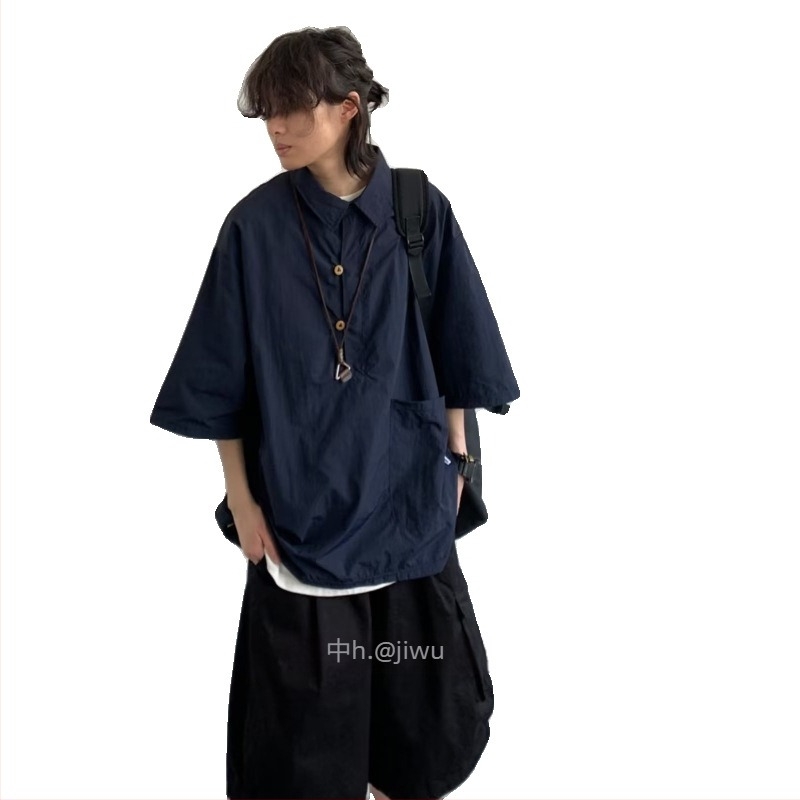 Muška košulja CityboyPOLO u japanskom retro stilu, ljeto, hongkonški stil, slobodan kroj, reverni ovratnik, kratki rukavi, jednobojna