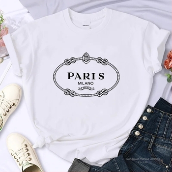 Ženski T-shirt s otiskom, 100% pamuk, udoban oversize kroj, Paris inspiriran, Y2K okrugli izrez