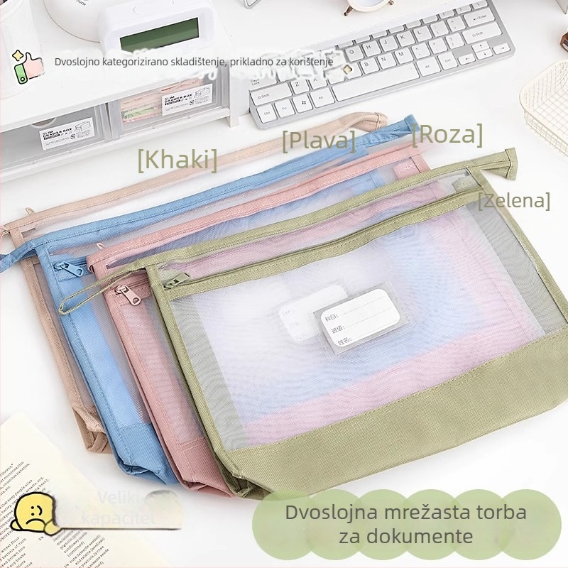 Dvostruko slojevita mrežasta torba za dokumente sa zatvaračem, velika kapaciteta skladištenja, torba za školske potrepštine za učenike osnovne i srednje škole