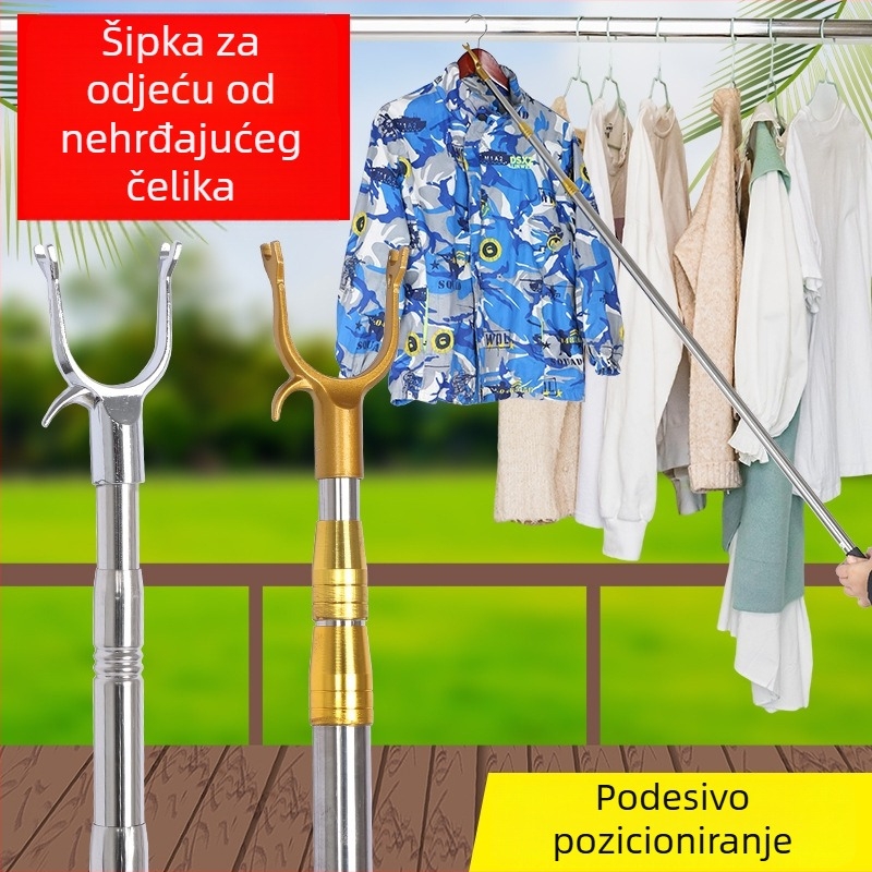 Teleskopska nehrđajuća čelična šipka za sušenje odjeće s viličastim krajem, za balkon, duljina 2,5–3 m