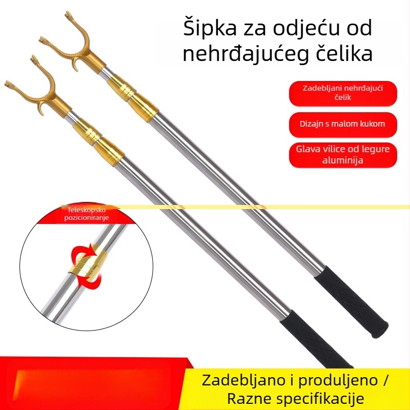 Teleskopska nehrđajuća čelična šipka za sušenje odjeće s viličastim krajem, za balkon, duljina 2,5–3 m