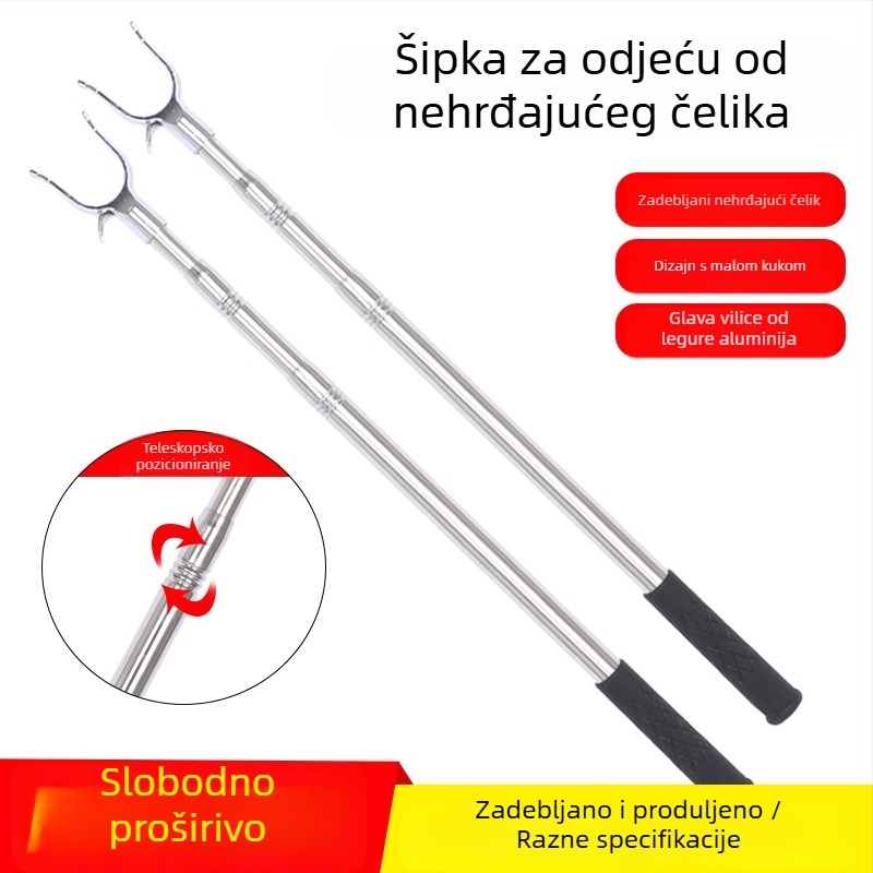 Teleskopska nehrđajuća čelična šipka za sušenje odjeće s viličastim krajem, za balkon, duljina 2,5–3 m