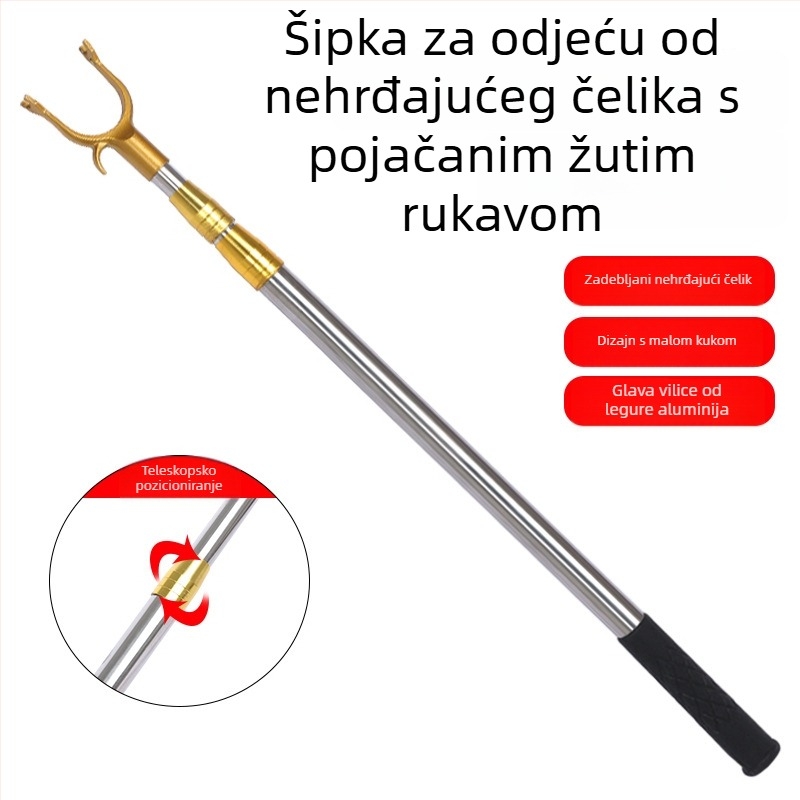 Teleskopska nehrđajuća čelična šipka za sušenje odjeće s viličastim krajem, za balkon, duljina 2,5–3 m