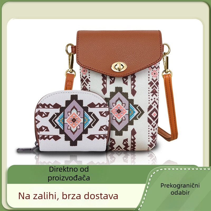Ženska torbica za telefon u boho stilu, dvodjelni set, kanvas, crossbody torba s remenom, mala, za posao