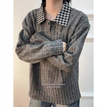 Muški polo džemper s američkim stilom uzorom houndstooth prugasti dugi rukavi zimski debeli fleece baza sloj