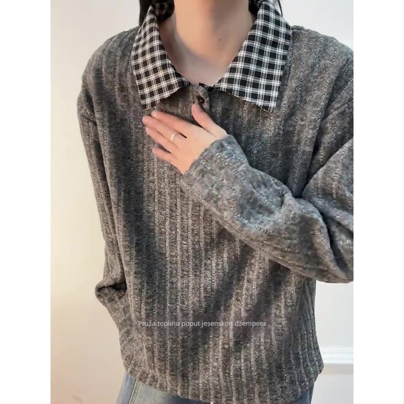 Muški polo džemper s američkim stilom uzorom houndstooth prugasti dugi rukavi zimski debeli fleece baza sloj