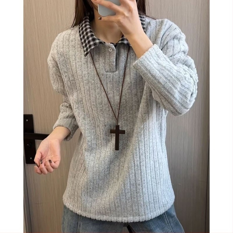 Muški polo džemper s američkim stilom uzorom houndstooth prugasti dugi rukavi zimski debeli fleece baza sloj
