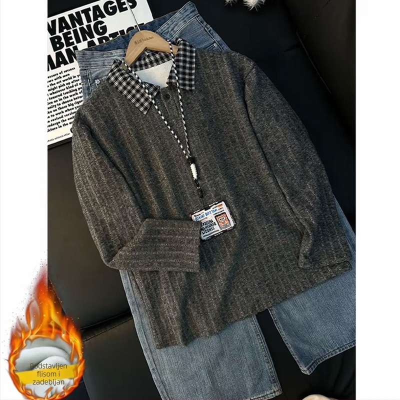 Muški polo džemper s američkim stilom uzorom houndstooth prugasti dugi rukavi zimski debeli fleece baza sloj