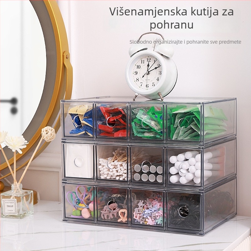 Prozirna plastična kutija s 4 odjeljka za naočale, ruž, nakit i uredski pribor – stolni organizator