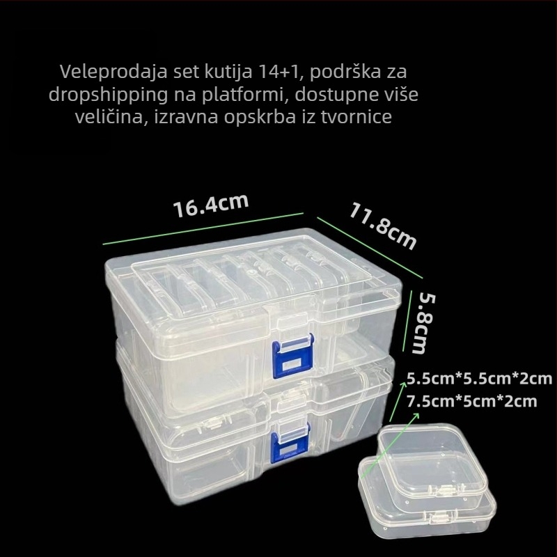 Prozirna PP kutija za pohranu, mala kvadratna kutija promjera 5,5 cm, s 14 odjeljaka za ukrasne perlice za nokte i sitne dodatke