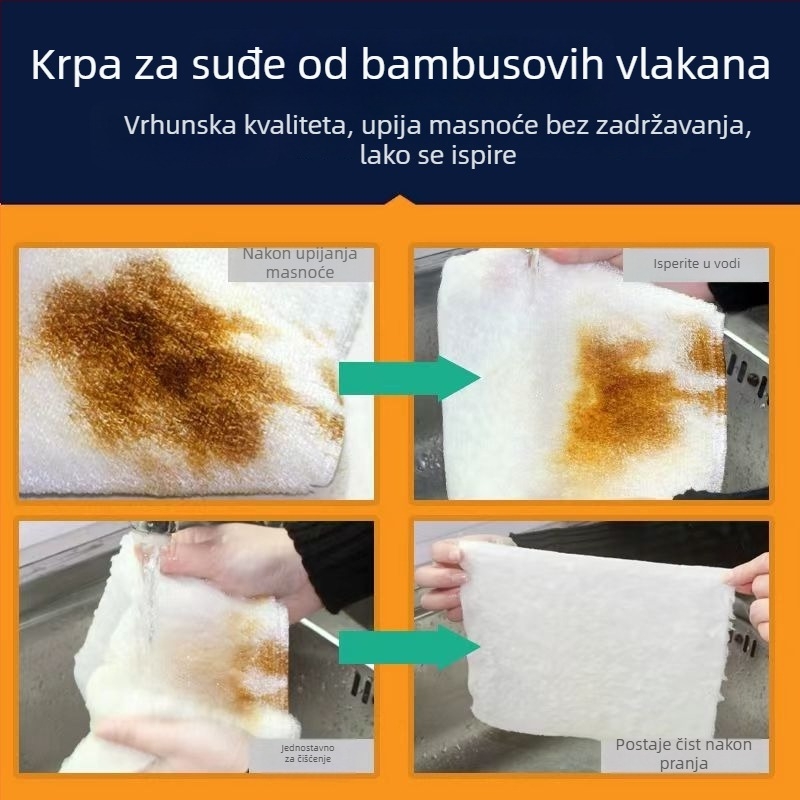 Krpa za kuhinju od vlakana bambusa, upija vodu i masnoću, ne ostavlja vodene tragove, čisti površine.