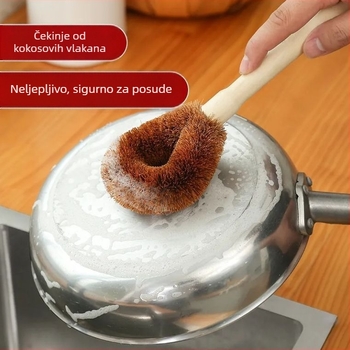 Dugačak držak, četka za posuđe s kokosovim vlaknima, za uklanjanje ulja i mrlja; kuhinjski alat za čišćenje posuđa i tava.