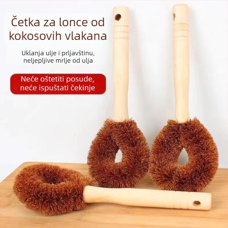 Dugačak držak, četka za posuđe s kokosovim vlaknima, za uklanjanje ulja i mrlja; kuhinjski alat za čišćenje posuđa i tava.
