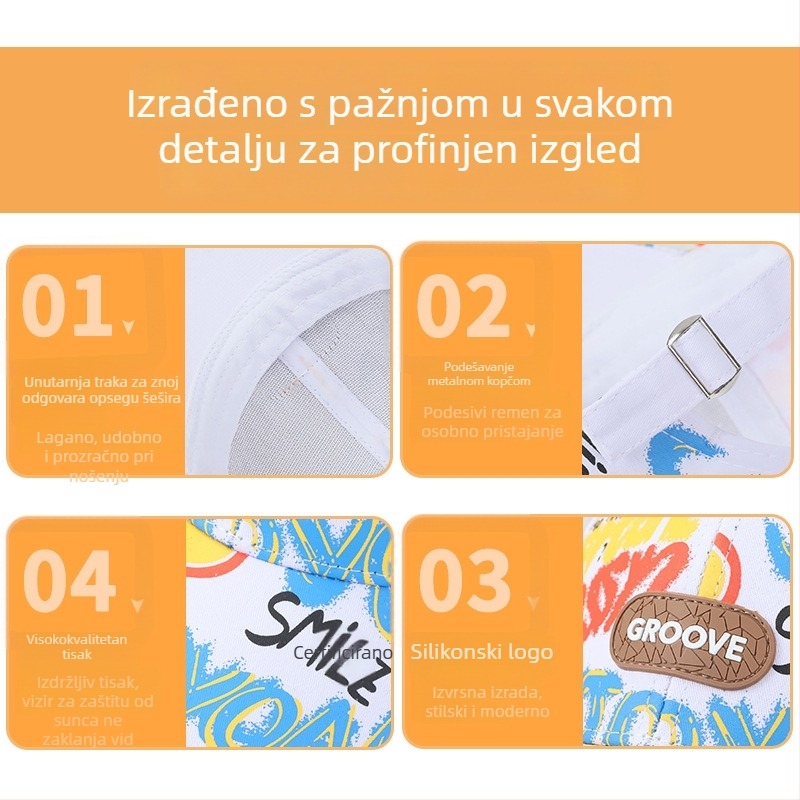 Dječja baseball kapa s graffiti uličnog stila, kožna zakrpa, otisak SMILE, zakrivljeni obod, proljeće–jesen, za vanjsku upotrebu