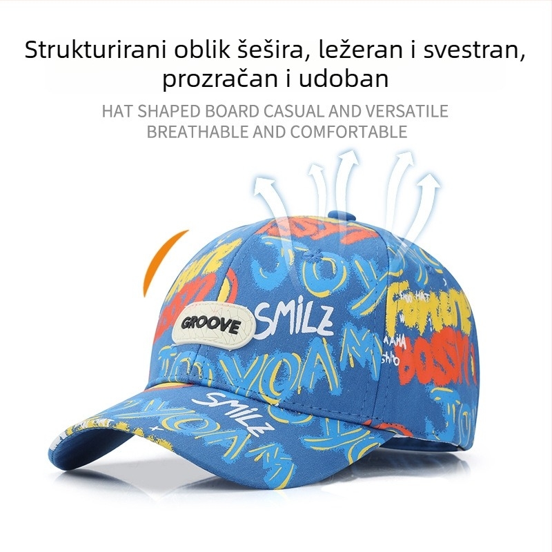 Dječja baseball kapa s graffiti uličnog stila, kožna zakrpa, otisak SMILE, zakrivljeni obod, proljeće–jesen, za vanjsku upotrebu