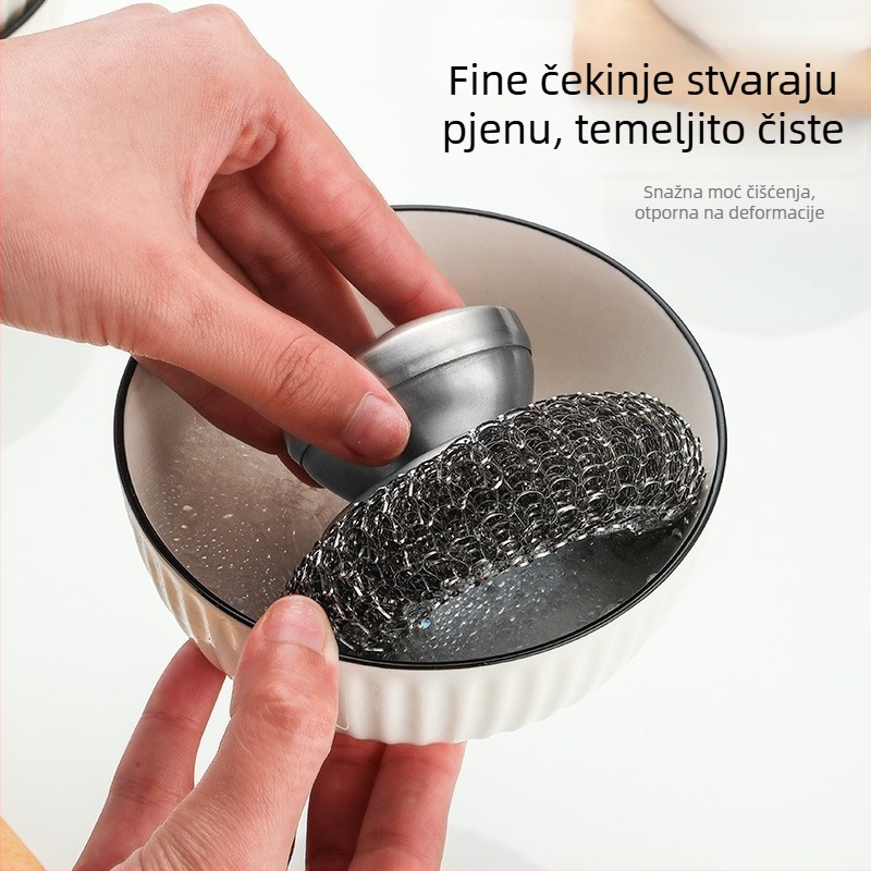 Nehrđajući čelična četka s držajem za kuhinju – pranje posuđa i lonaca, s čeličnom kuglom za čišćenje.