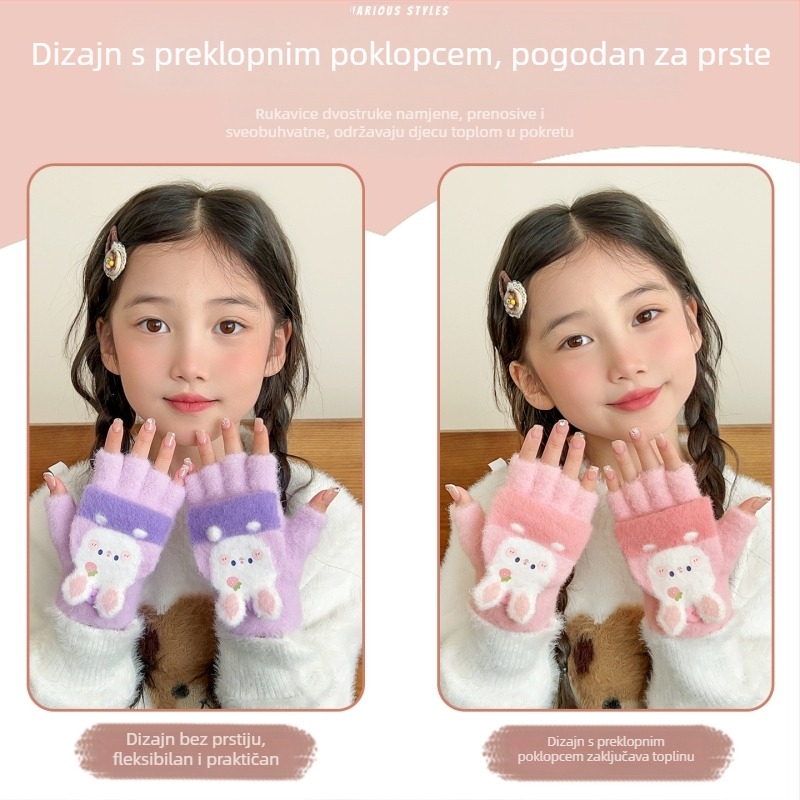 Dječje rukavice s crtićem zeko, jesensko-zimske, s fleec podstavom, unisex, uzrast 4–8 godina, tople