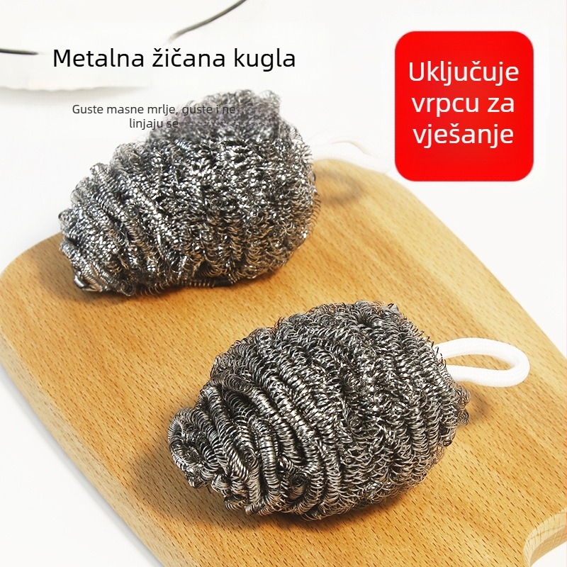Čelična kugla za čišćenje s integriranim držačem za vješanje, otporna na vlakna i hrđu, za kućnu upotrebu, za ribanje lijevanih tava i pranje posuđa