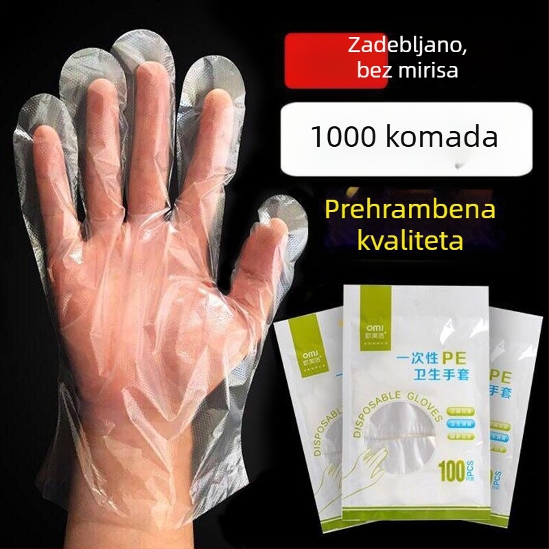 Rukavice za jednokratnu upotrebu, prehrambene kvalitete, proziran vodootporan film, pojačane debljine, za catering, njegu kože i kućanske poslove, zaštita okoliša