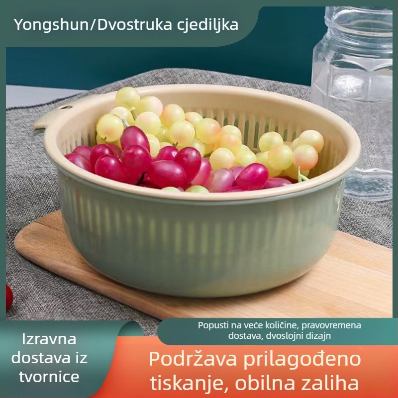 Višenamjenski dvostruki odvodni koš za kuhinju, debeli kružni koš za pranje voća i povrća, plastična kućna posuda za pranje s mogućnošću tiskanja